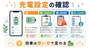 バッテリー、充電最適化、発熱確認、使い方を見直す項目を整理し、効果は使い方で変わることを示す日本語アイキャッチ画像