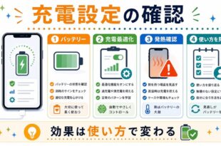 バッテリー、充電最適化、発熱確認、使い方を見直す項目を整理し、効果は使い方で変わることを示す日本語アイキャッチ画像