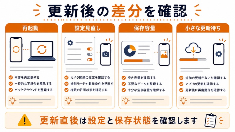 再起動、設定見直し、保存容量、小さな更新待ちを整理した日本語図解