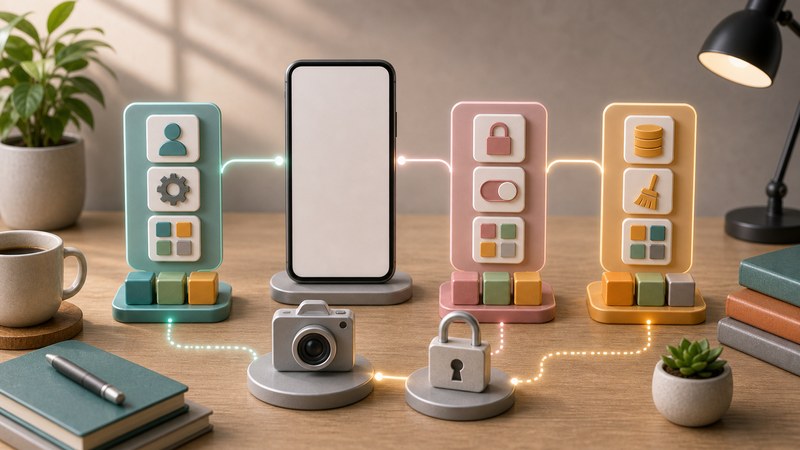 複数の解決策ブロック、カメラ、ロック、整理経路を無文字アイコンで整理した日本語図解