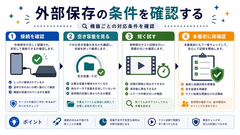 接続確認、空き容量確認、短いテスト、本番前確認を整理した日本語図解