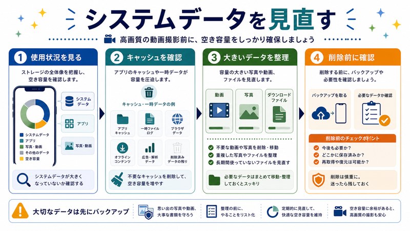 使用状況確認、キャッシュ確認、大きいデータ整理、削除前確認を整理した日本語図解