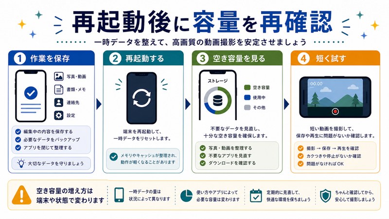 作業保存、再起動、空き容量確認、短いテストを整理した日本語図解