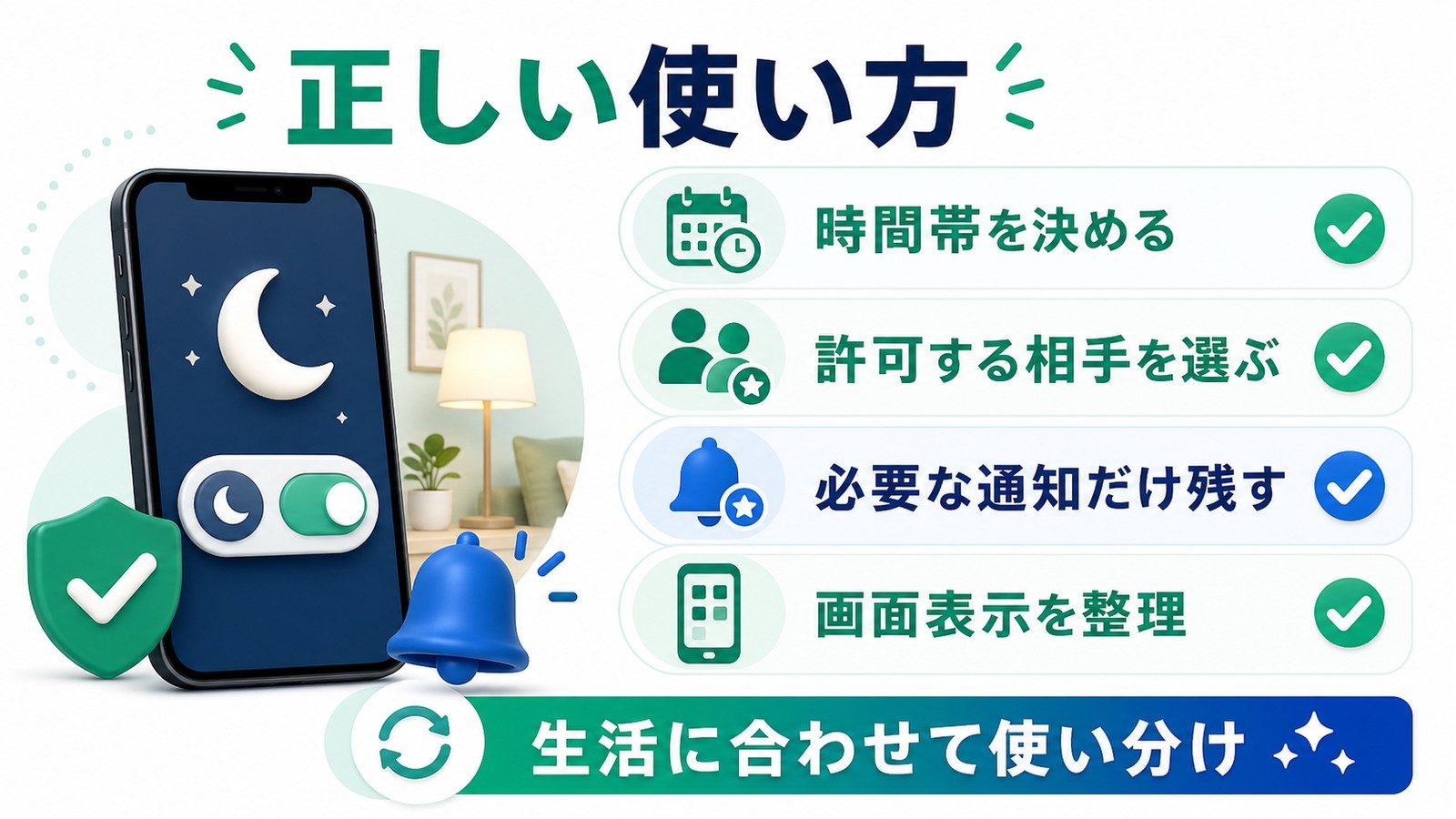 おやすみモードで時間帯と許可する相手と必要な通知だけを整理して使う方法を示した図解