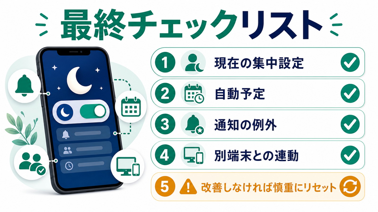 おやすみモードが動かない時に集中設定と自動予定と通知の例外と別端末連動を確認するチェックリスト図解