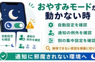 iPhoneのおやすみモードが動かない時に自動設定と通知の例外と別の集中設定を確認する流れを整理したアイキャッチ