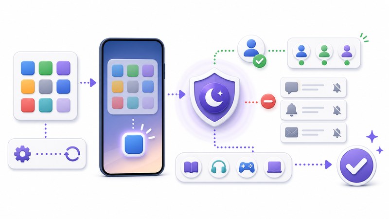 アプリ起動、静かなモード、通知抑制、許可連絡先を整理した日本語図解