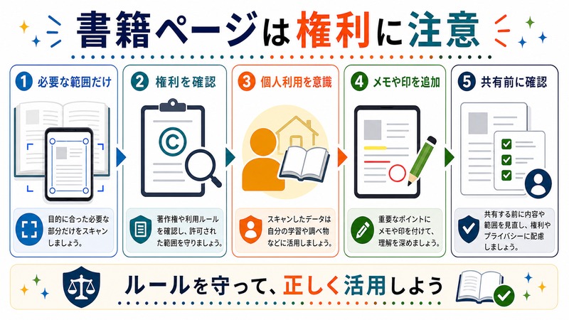 必要な範囲だけスキャンし、権利を確認し、個人利用を意識してメモや印を追加し、共有前に確認する流れを示す日本語図解