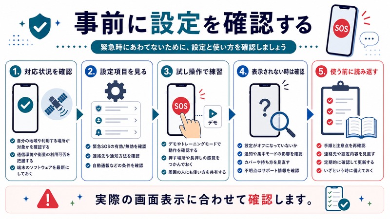 対応状況、設定項目、試し操作、表示されない時の確認、使う前の読み返しを整理した日本語図解