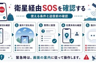衛星経由SOSの対応状況、屋外での確認、質問回答、位置共有、指示待機を整理した日本語アイキャッチ画像