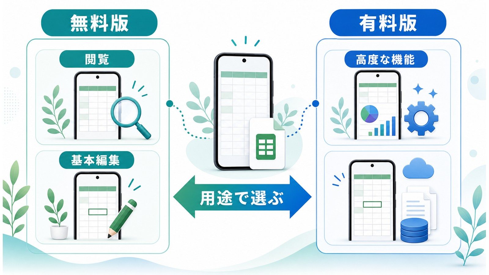 iPhone版Excelの無料版と有料版を閲覧基本編集高度な機能用途で選ぶ観点で整理した図解