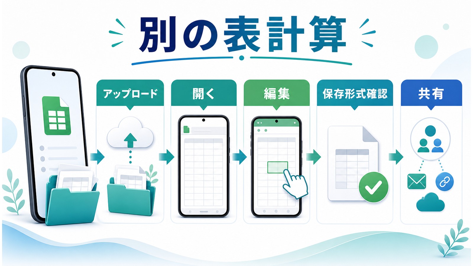 iPhoneでExcelファイルをスプレッドシートにアップロードし開いて編集保存形式確認共有する図解