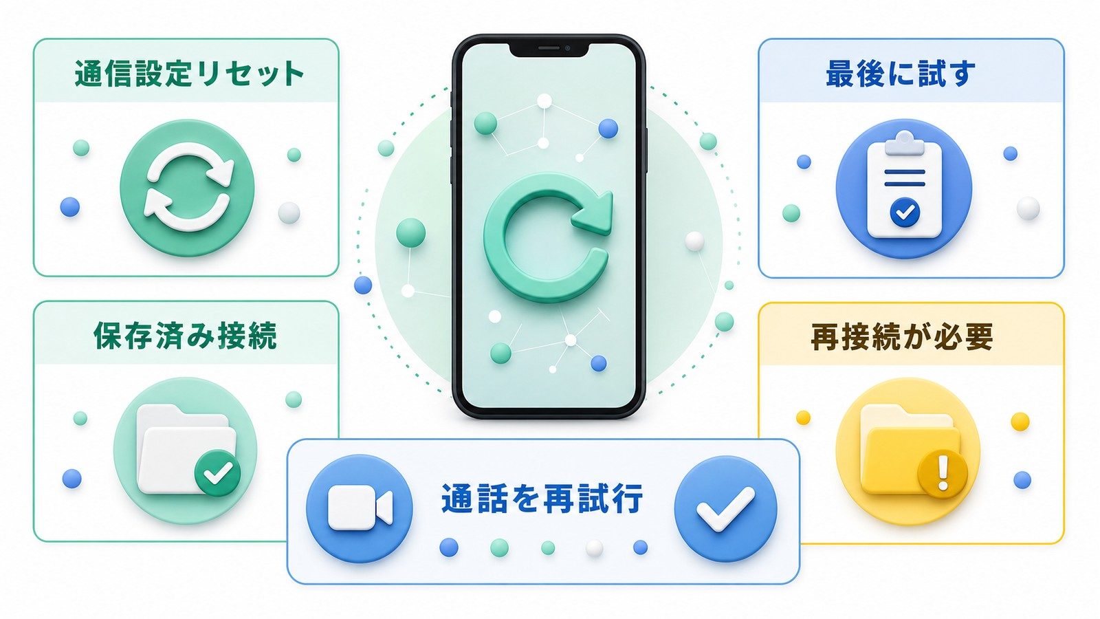 FaceTimeが繋がらない時に通信設定リセットを最後に試し保存済み接続の再接続後に通話を再試行する図解
