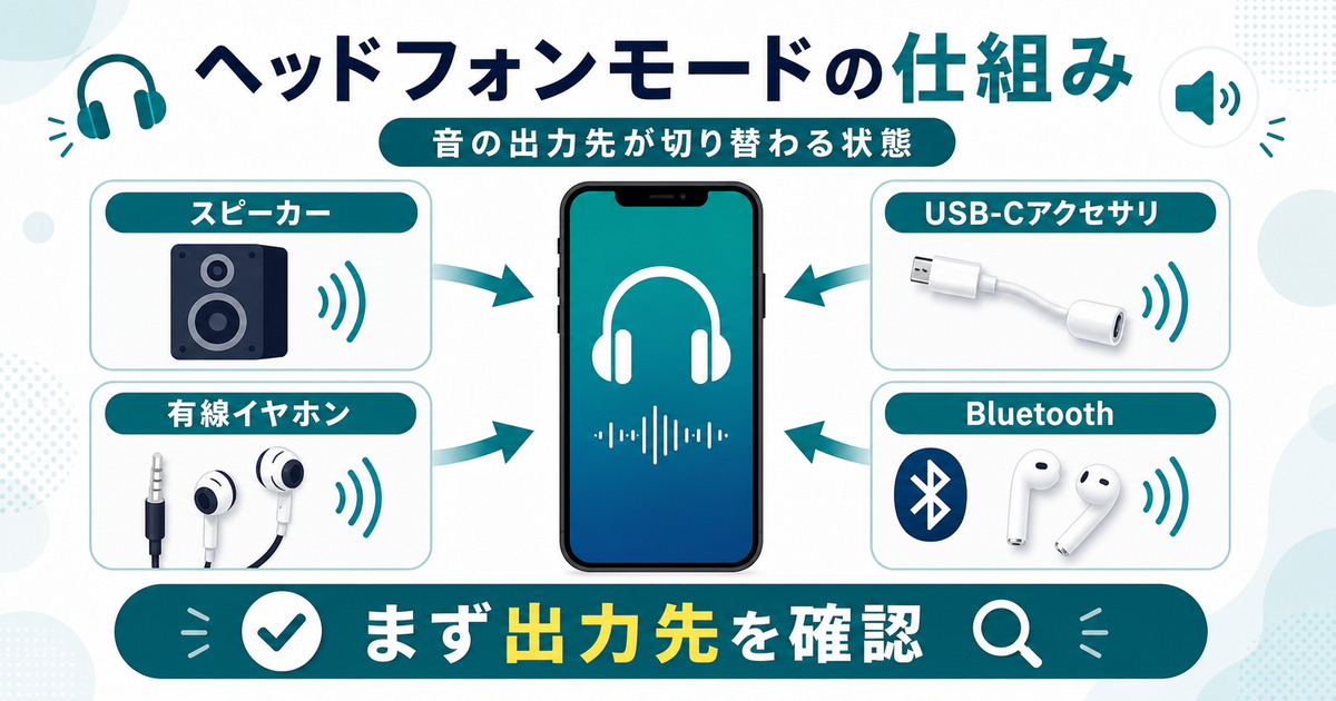 iPhoneのヘッドフォンモードで音の出力先がスピーカー、有線イヤホン、USB-Cアクセサリ、Bluetoothに切り替わる仕組みを示した図