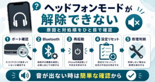 iPhoneのヘッドフォンモードが解除できない時にポート確認、Bluetooth、再起動、設定リセット、修理判断を順番に確認する図解