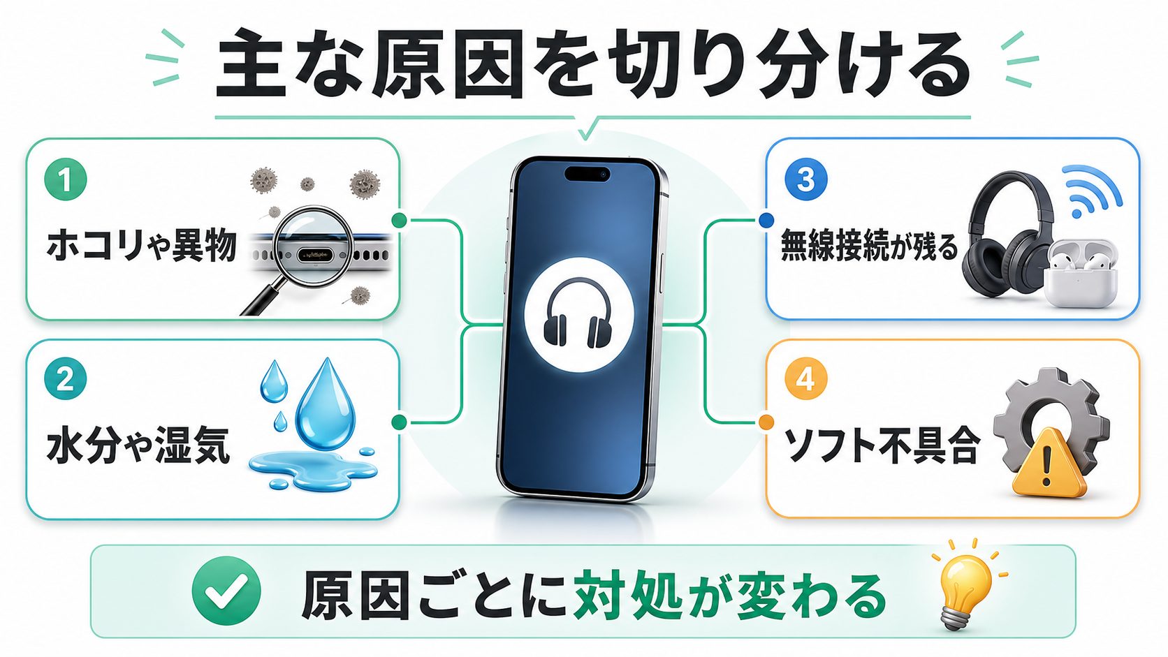 iPhoneがヘッドフォンモードになる主な原因を切り分けた画像