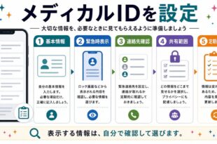 メディカルIDの基本情報、緊急時表示、連絡先確認、共有範囲、定期的な見直しを整理した日本語アイキャッチ画像