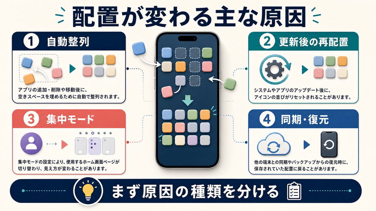 ホーム画面の配置が勝手に変わる主な原因を分類した図解