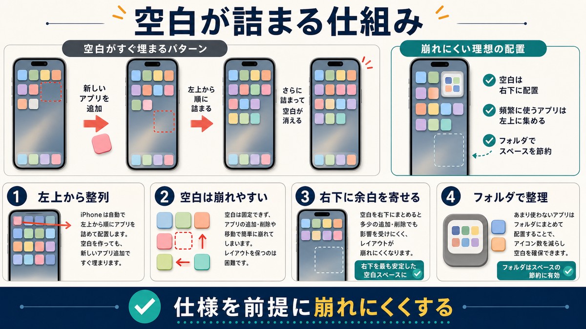 ホーム画面の空白が左上詰めで崩れる仕組みと対処をまとめた図解