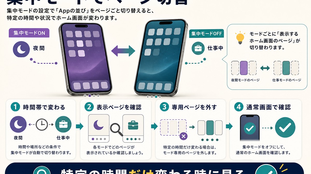 集中モードでホーム画面ページが切り替わる仕組みをまとめた図解