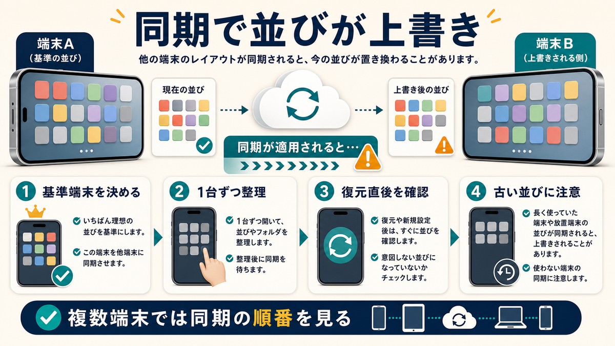 複数端末の同期でホーム画面の並びが上書きされる流れをまとめた図解