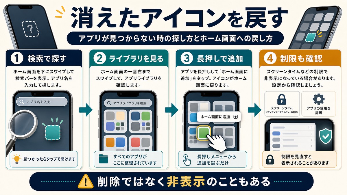 消えたアプリアイコンを検索してホーム画面へ戻す手順をまとめた図解