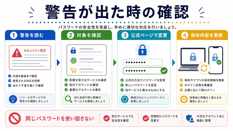 警告を読み、対象を確認し、公式ページで変更し、保存内容を更新する日本語図解