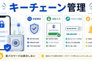 キーチェーン管理で状態確認、自動入力、パスワード生成、警告確認を行い、実パスワードを表示しないことを示す日本語アイキャッチ画像