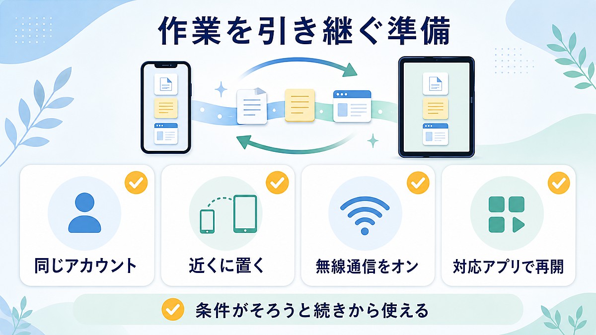 同じアカウント近くに置く無線通信をオン対応アプリで再開して作業を引き継ぐ図解