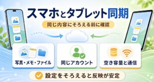 スマホとタブレットを同期する前に写真メモファイル同じアカウント空き容量と通信を確認する図解