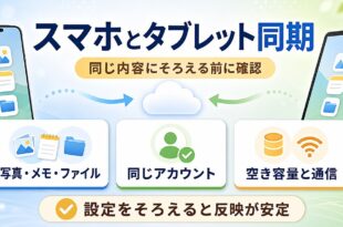 スマホとタブレットを同期する前に写真メモファイル同じアカウント空き容量と通信を確認する図解