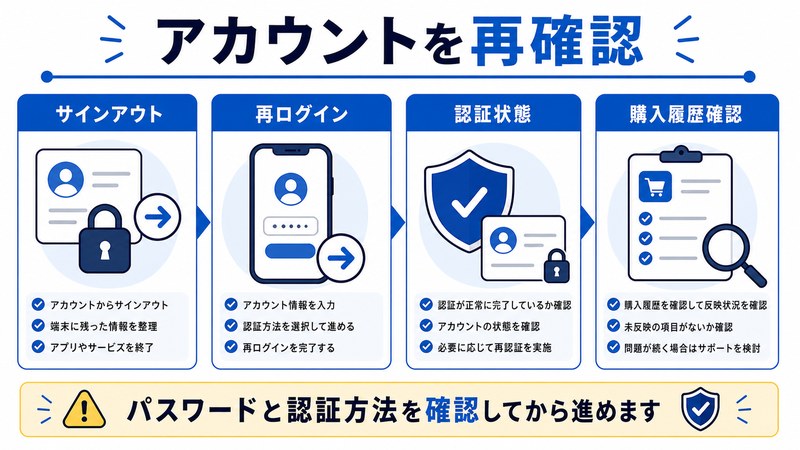 サインアウト、再ログイン、認証状態、購入履歴確認を整理した日本語図解