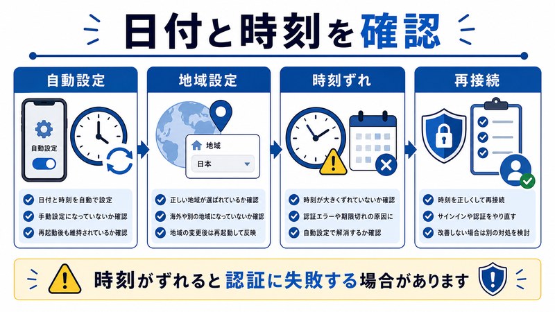 自動設定、地域設定、時刻ずれ、再接続を整理した日本語図解
