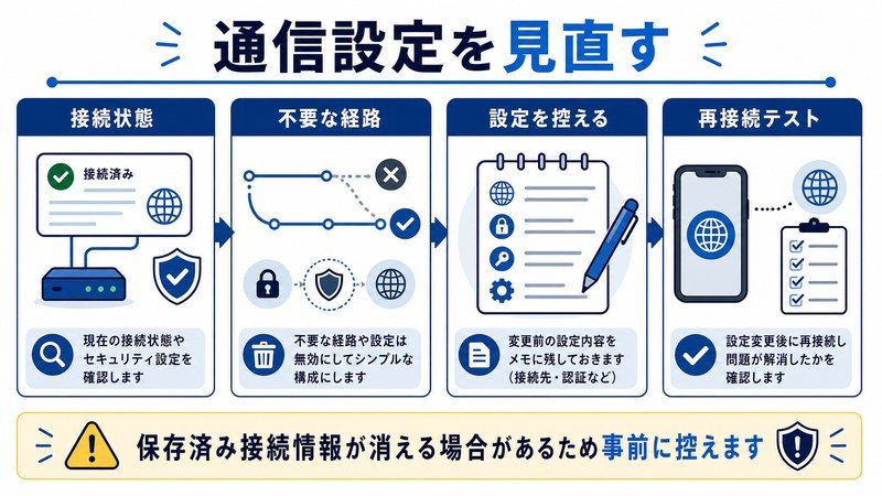 接続状態、不要な経路、設定を控える、再接続テストを整理した日本語図解