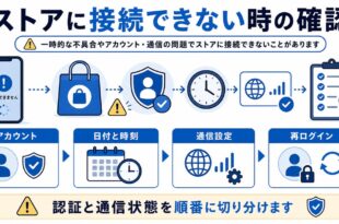 アカウント、日付と時刻、通信設定、再ログインを整理した日本語アイキャッチ画像