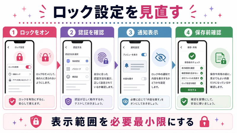 ロックをオンにし、認証、通知表示、保存前確認を見直す日本語図解
