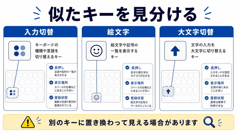 入力切替、絵文字、大文字切替、登録状態を整理した日本語図解