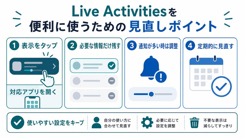 表示タップ、対応アプリを開く、必要な情報だけ残す、通知が多い時の調整、定期見直しを整理した日本語図解