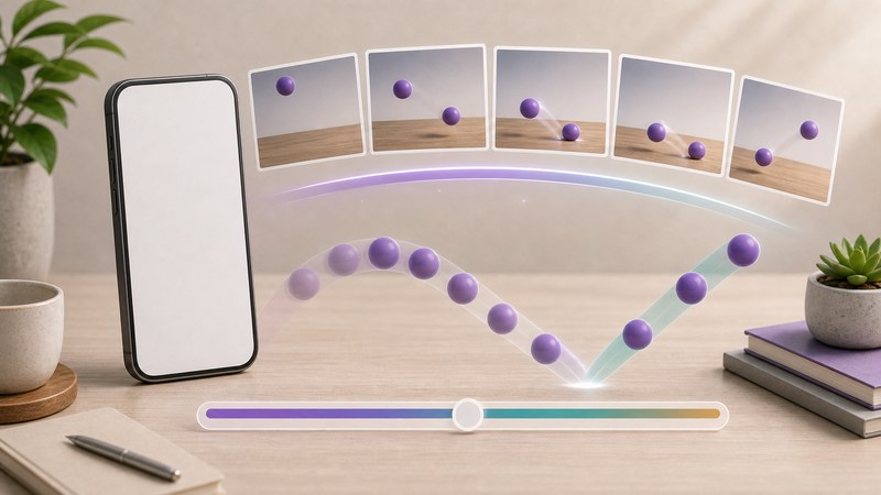 動きのある被写体、連続フレーム、ゆっくり再生する効果を無文字アイコンで整理した日本語図解