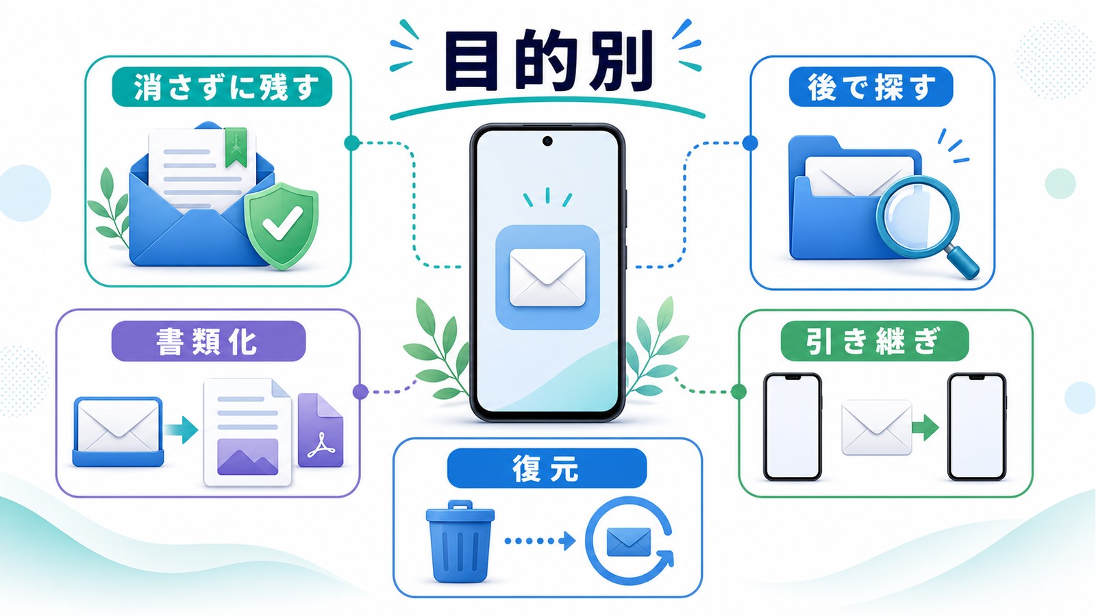 iPhoneメールを消さずに残す後で探すPDF化する機種変更で引き継ぐ復元する目的別の図解