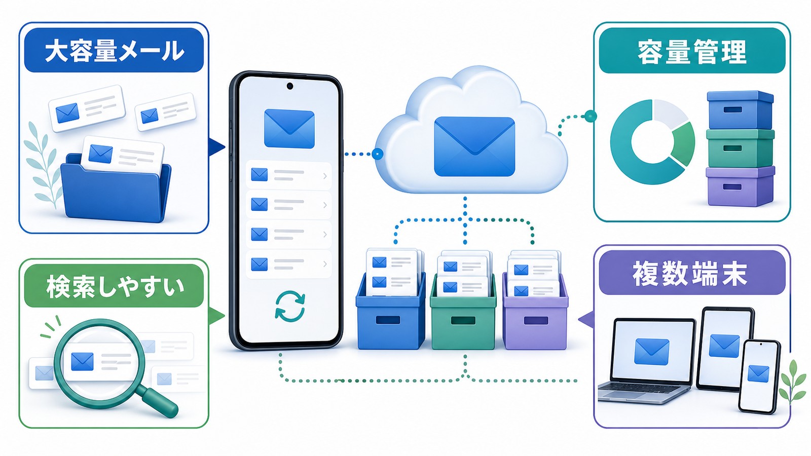 iPhoneメールをiCloudメールやGmailなど大容量メールサービスでクラウド保存し検索や複数端末で使う図解