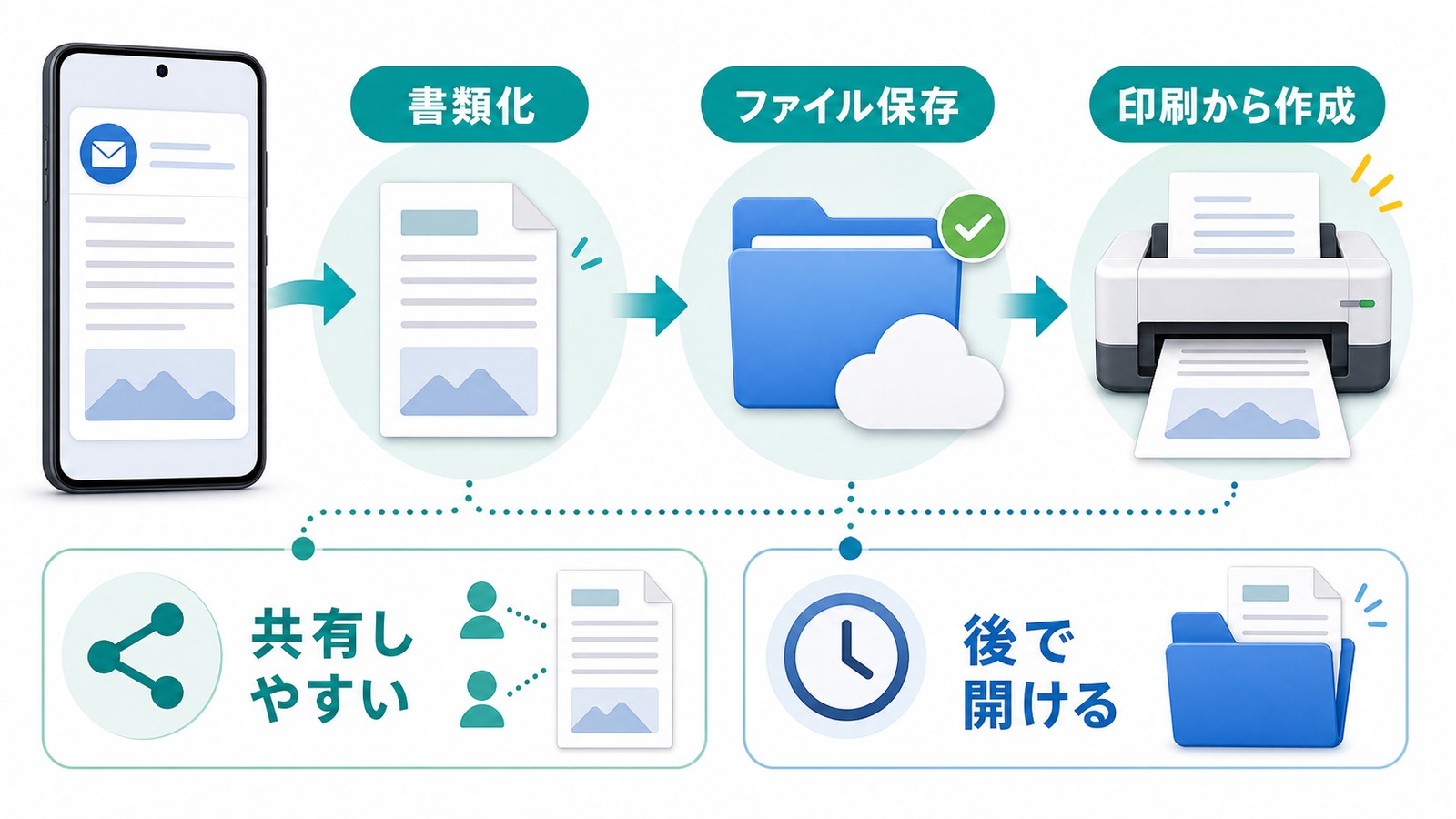 iPhoneメールをPDFとして書類化しファイル保存共有印刷後で開く流れの図解