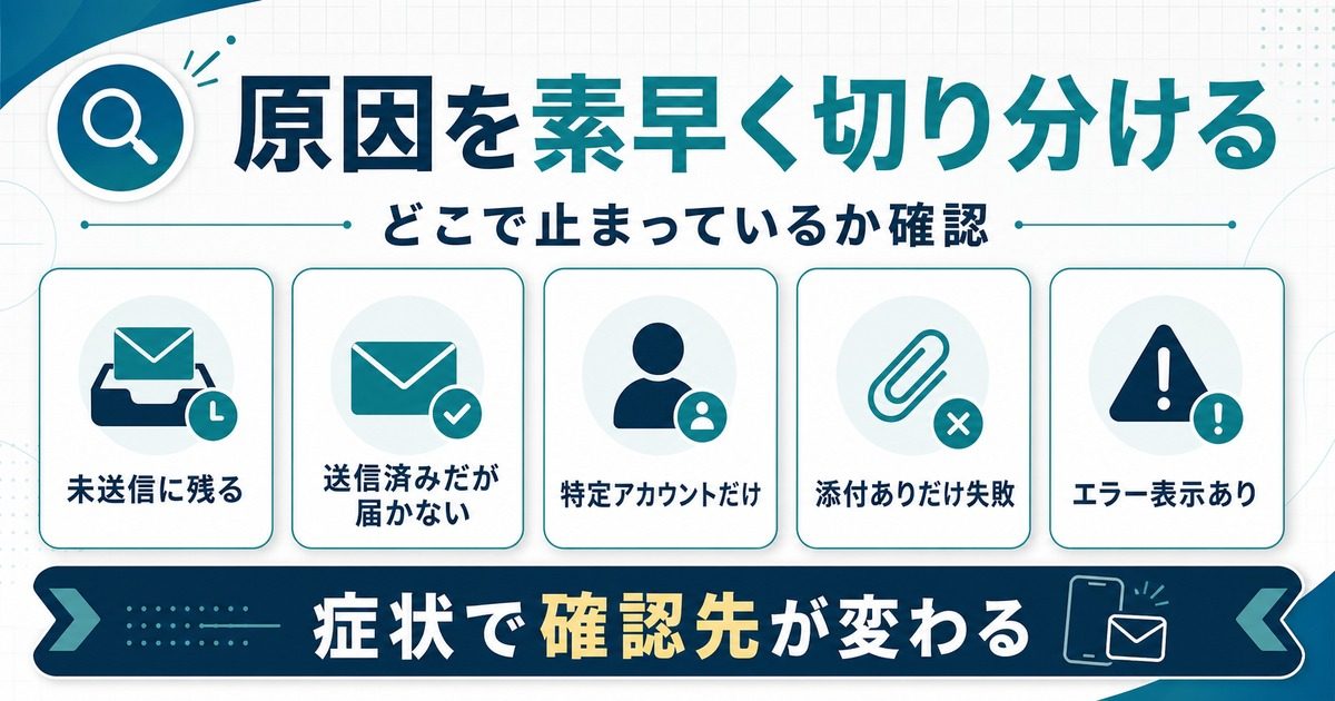 iPhoneメールが送信できない時に未送信、送信済み、特定アカウント、添付、エラー表示で原因を切り分ける図