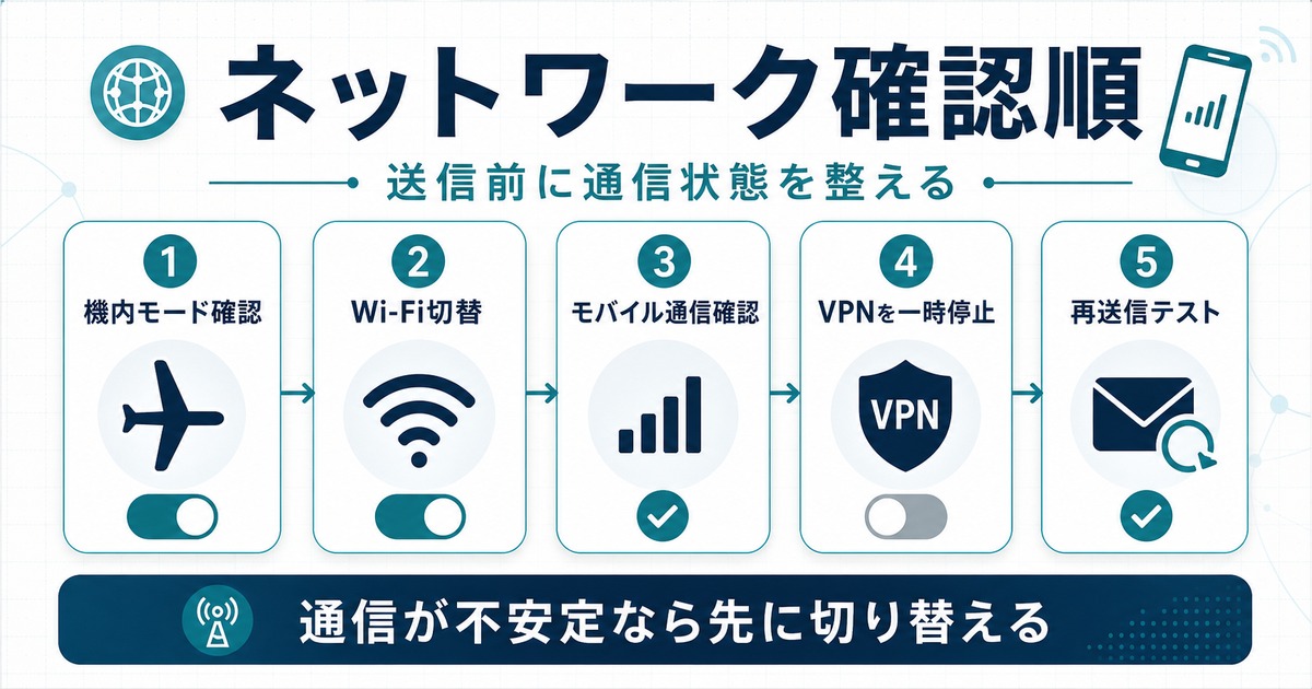 iPhoneメール送信前に機内モード、Wi-Fi、モバイル通信、VPN、再送信テストを順番に確認する図