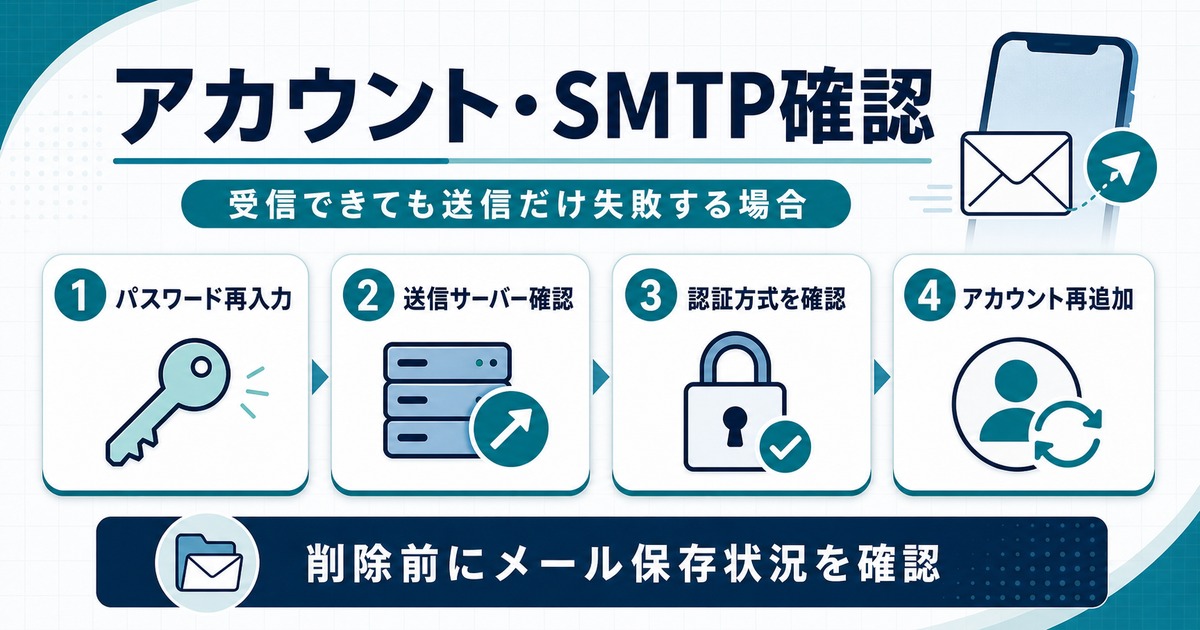 iPhoneメールで受信できても送信だけ失敗する場合にパスワード、送信サーバー、認証方式、アカウント再追加を確認する図