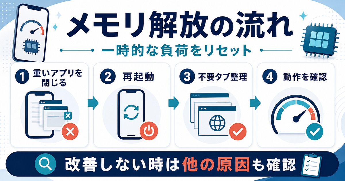 iPhoneで重いアプリを閉じる、再起動、不要タブ整理、動作確認の順に一時的な負荷をリセットする図