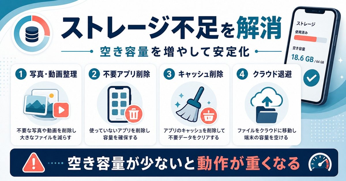 iPhoneのストレージ不足を写真動画整理、不要アプリ削除、キャッシュ削除、クラウド退避で解消する図