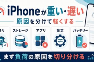 iPhoneが重い遅い時にメモリ、ストレージ、アプリ、設定、バッテリーの原因を切り分ける図