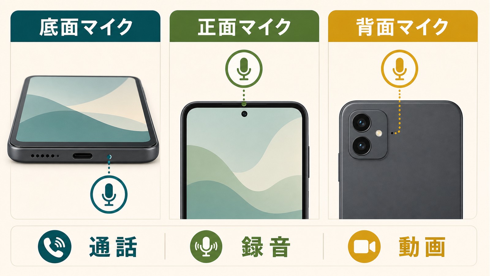 iPhoneの底面マイク正面マイク背面マイクの位置と通話録音動画で使う場所を整理した図解