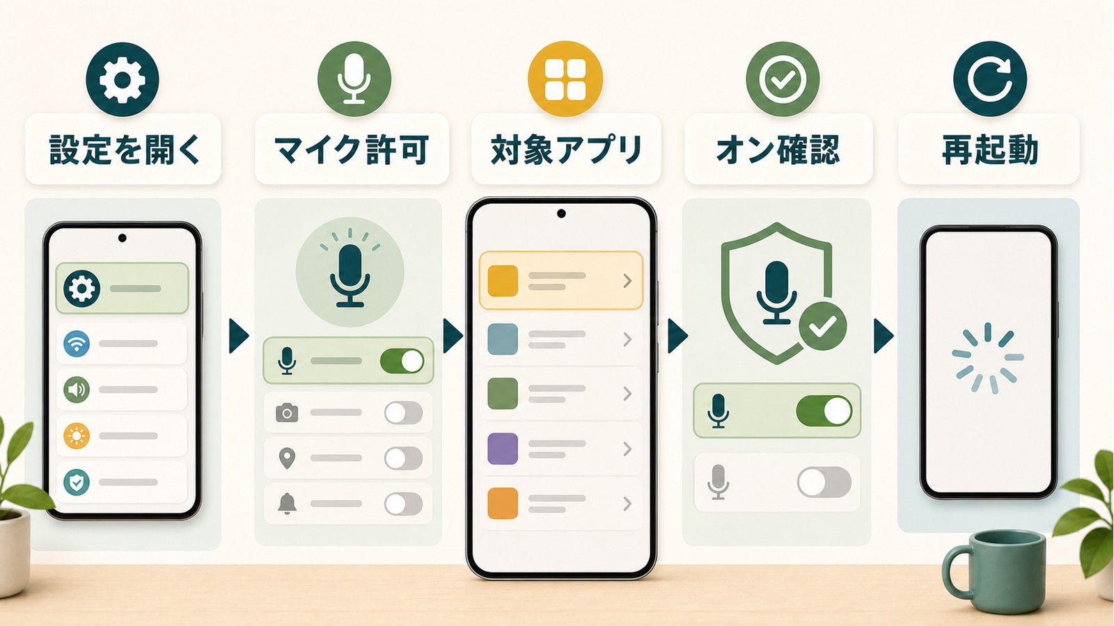 iPhoneで設定を開きマイク許可対象アプリオン確認再起動を行いアプリ別のマイク許可を確認する図解